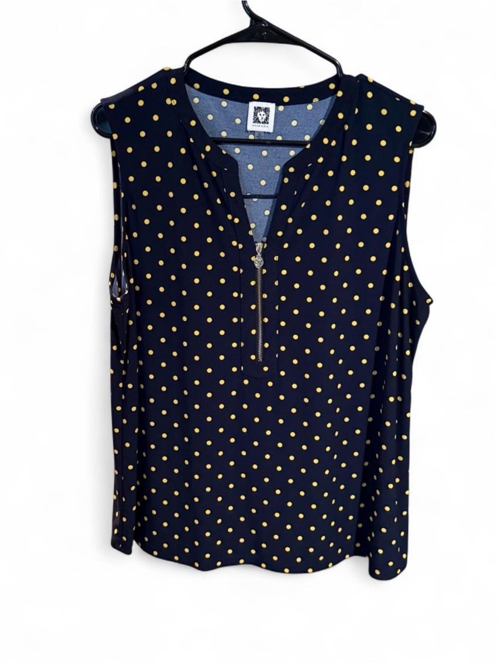 Anne Klein Navy Sleeveless Polka Dot Zip-Front Tank